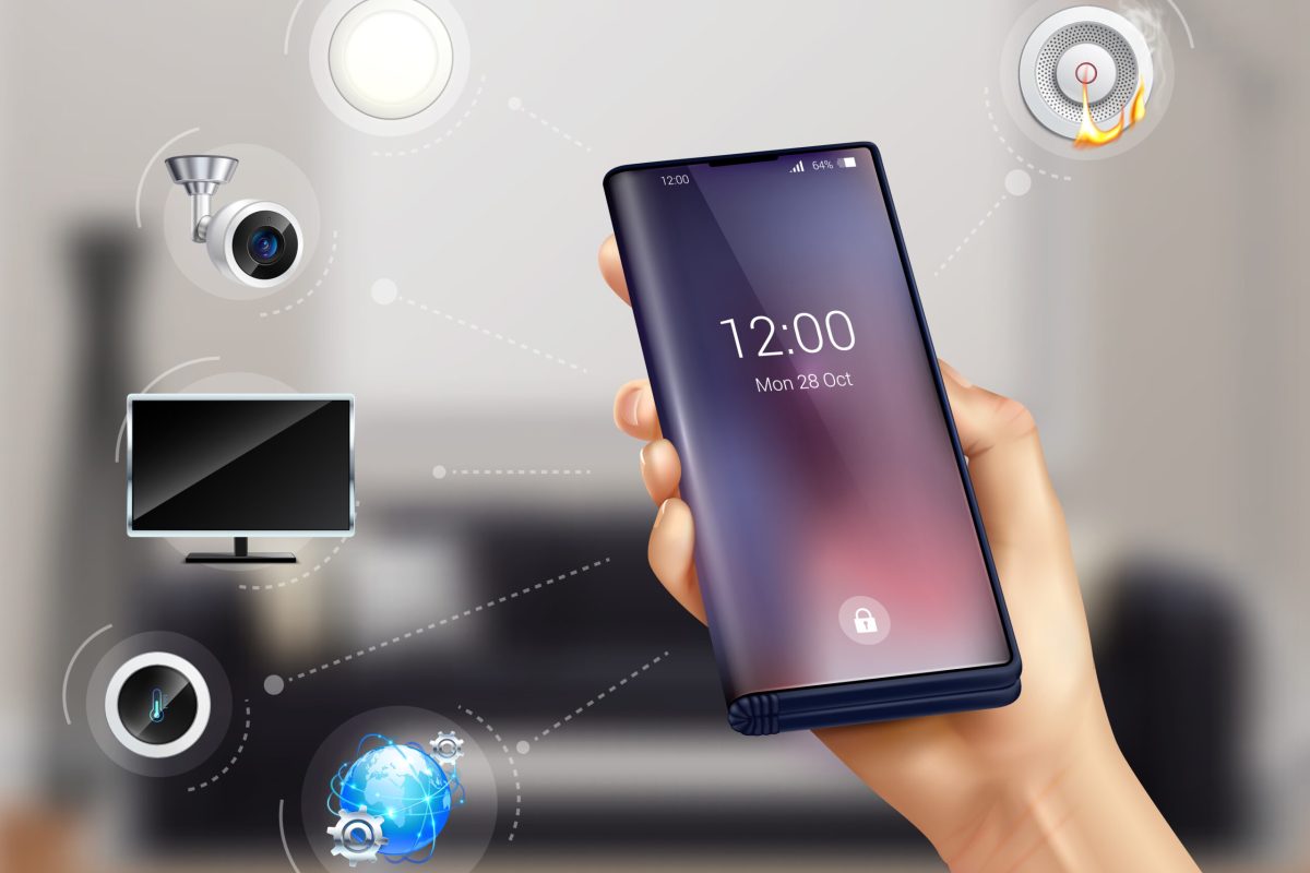 Controlling smart home security camera fire alarm doorbell with smartphone realistic fuzzy living room background vector illustration